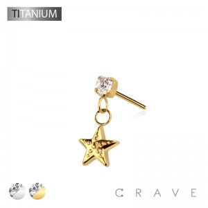 IMPLANT GRADE TITANIUM THREADLESS PUSH IN ROUND CZ DANGLE STAR TOP PART